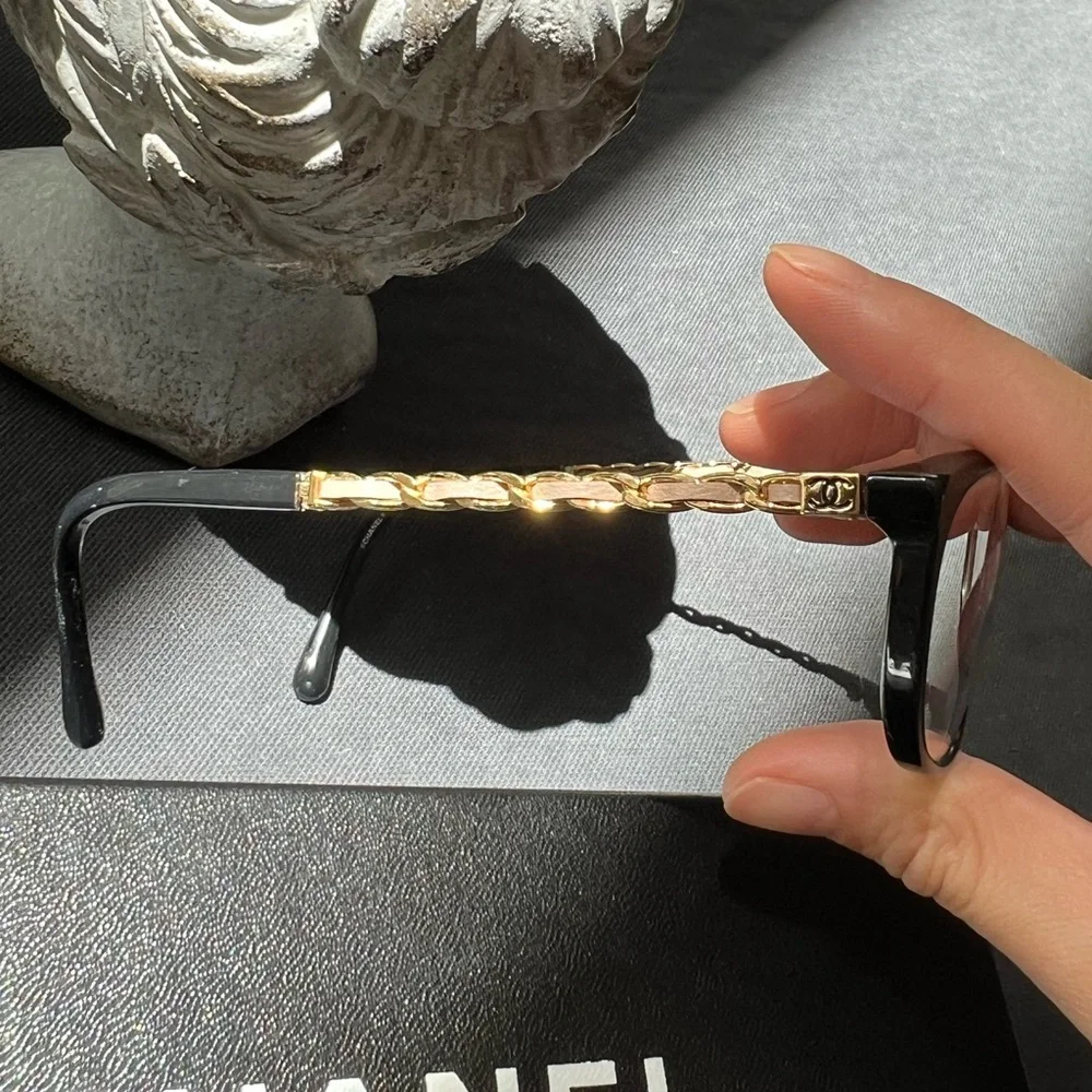 CHANEL 3221-Q Beige Leather Glasses Frames Chain Link EUC Italy Emma Watson